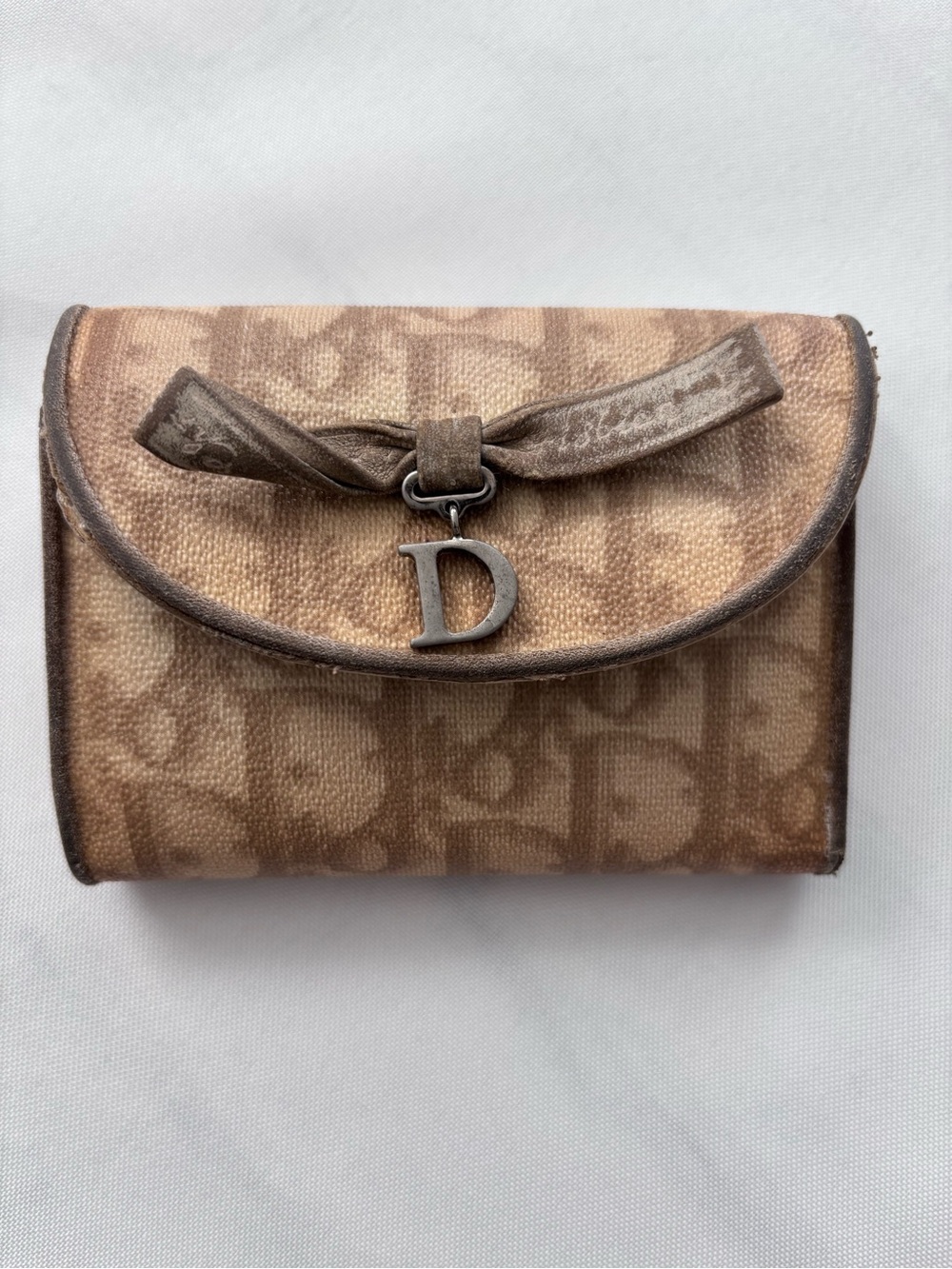 Vintage Christian Dior Oblique Trotter Bow Wallet Trifold Canvas Leather Beige